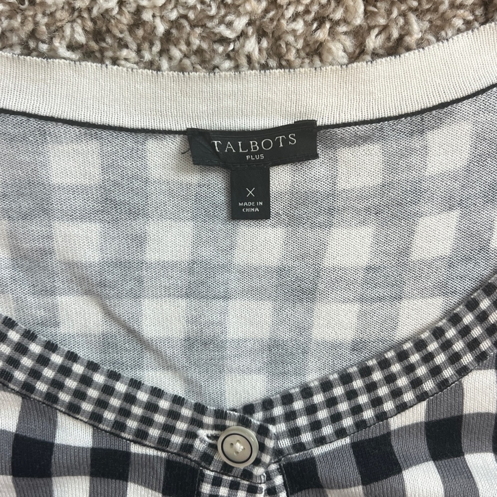 Talbots Charming Black and White Gingham 3/4 Sleeve Cardigan Sweater Size X = 12 - Picture 2 of 10